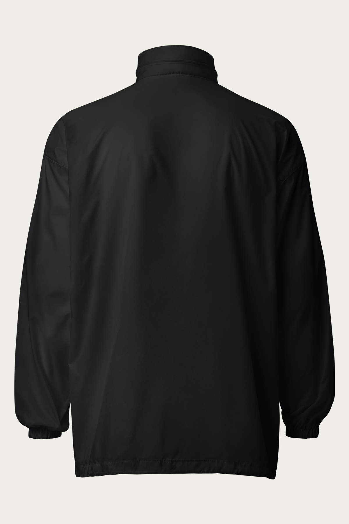 Windbreaker, Black by Andre Blunt, from the back, on a Cloud White ground