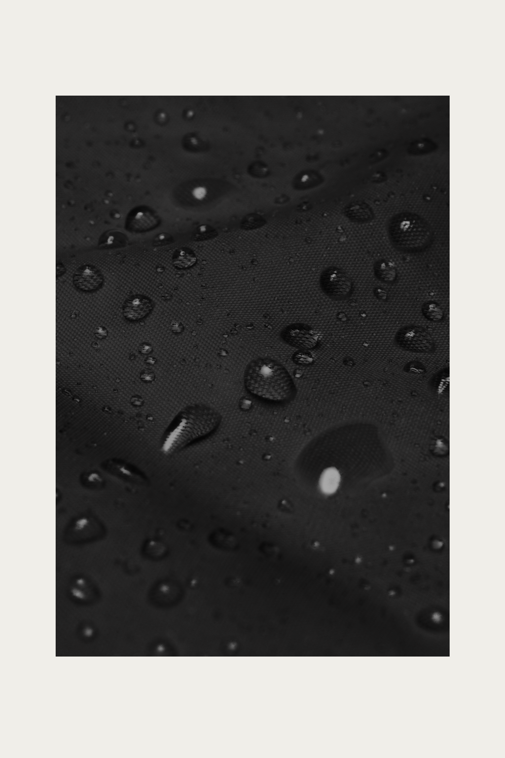 Windbreaker, Black by Andre Blunt, water beading on the shell, on a Cloud White ground