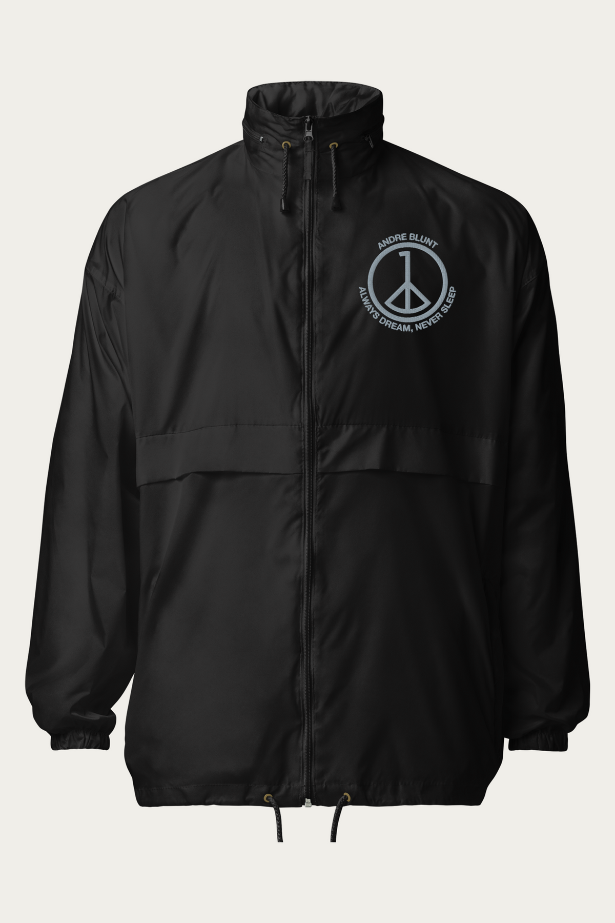 Windbreaker, Black by Andre Blunt, shown on a Cloud White ground