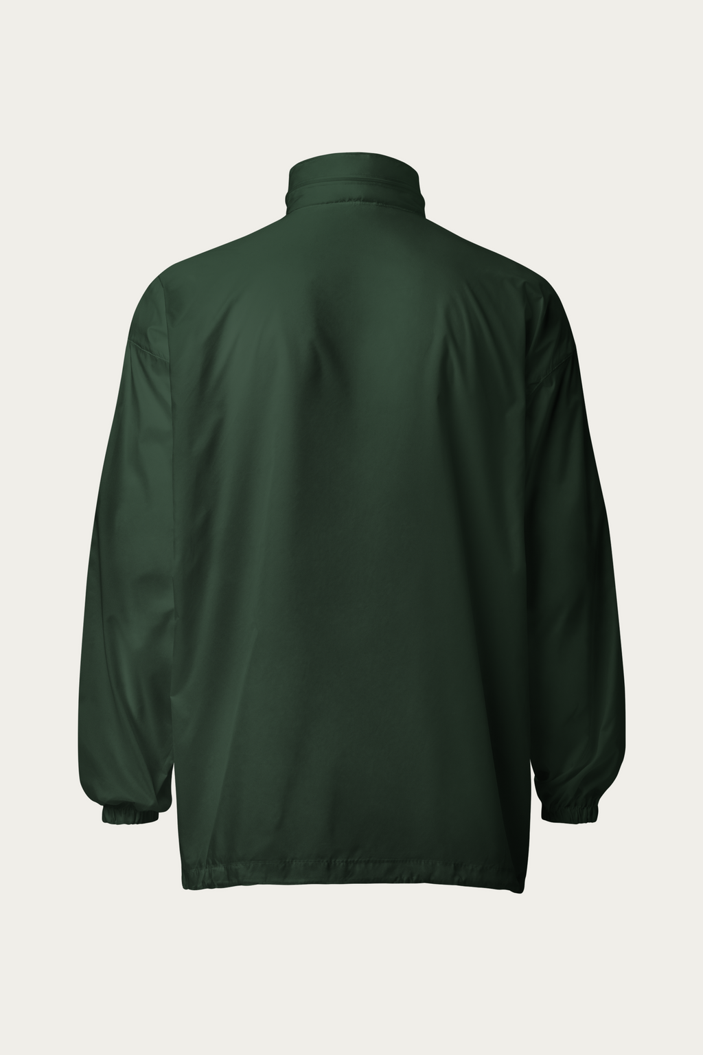 Windbreaker, Forest Green by Andre Blunt, from the back, on a Cloud White ground