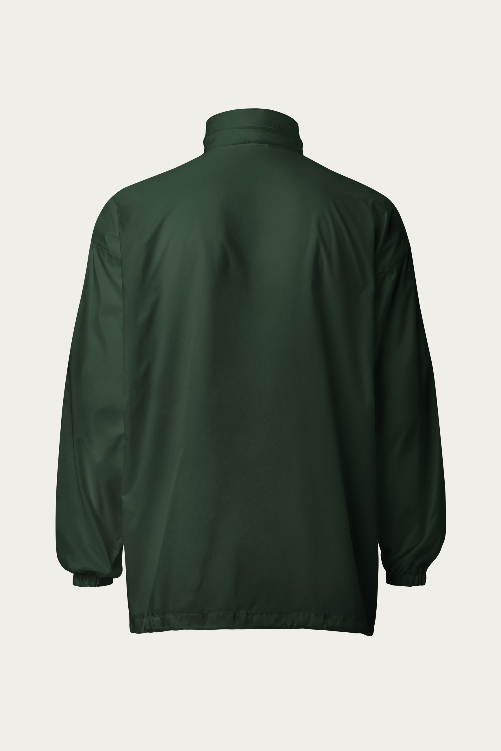 Windbreaker, Forest Green by Andre Blunt, from the back, on a Cloud White ground