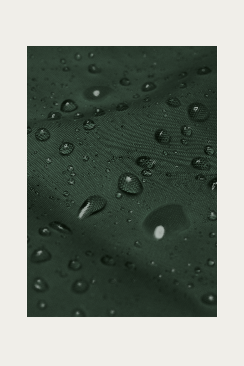 Windbreaker, Forest Green by Andre Blunt, water beading on the shell, on a Cloud White ground