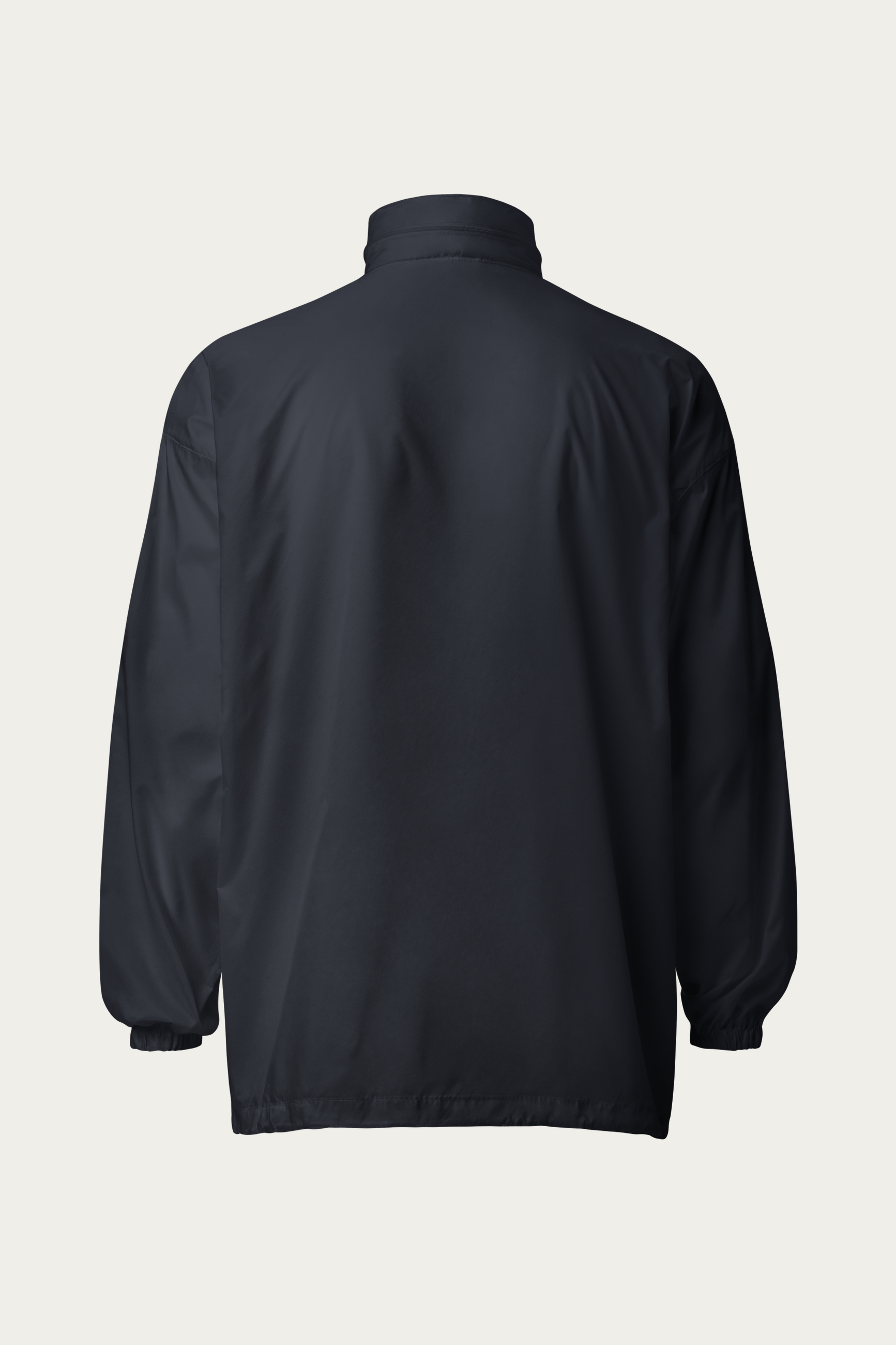 Windbreaker, Navy by Andre Blunt, from the back, on a Cloud White ground