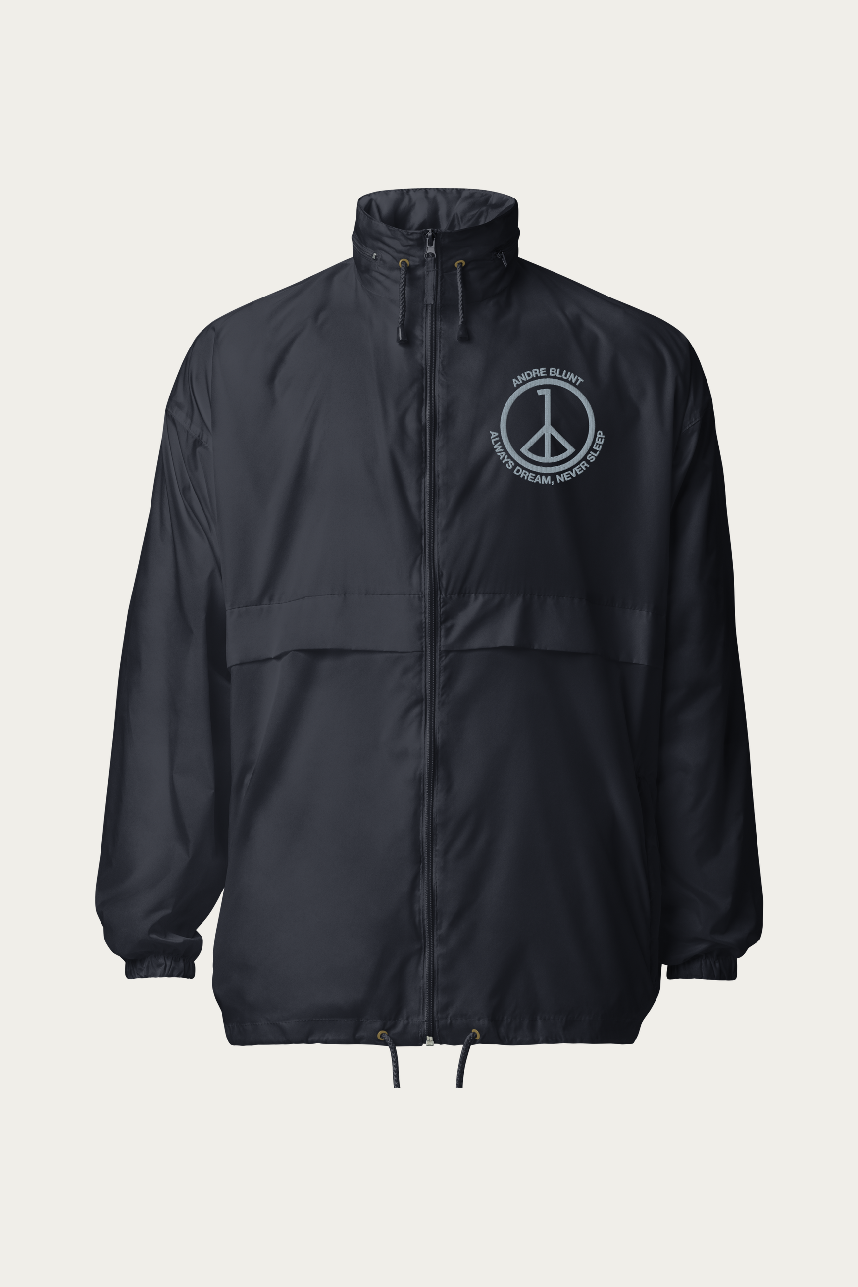 Windbreaker, Navy by Andre Blunt, shown on a Cloud White ground