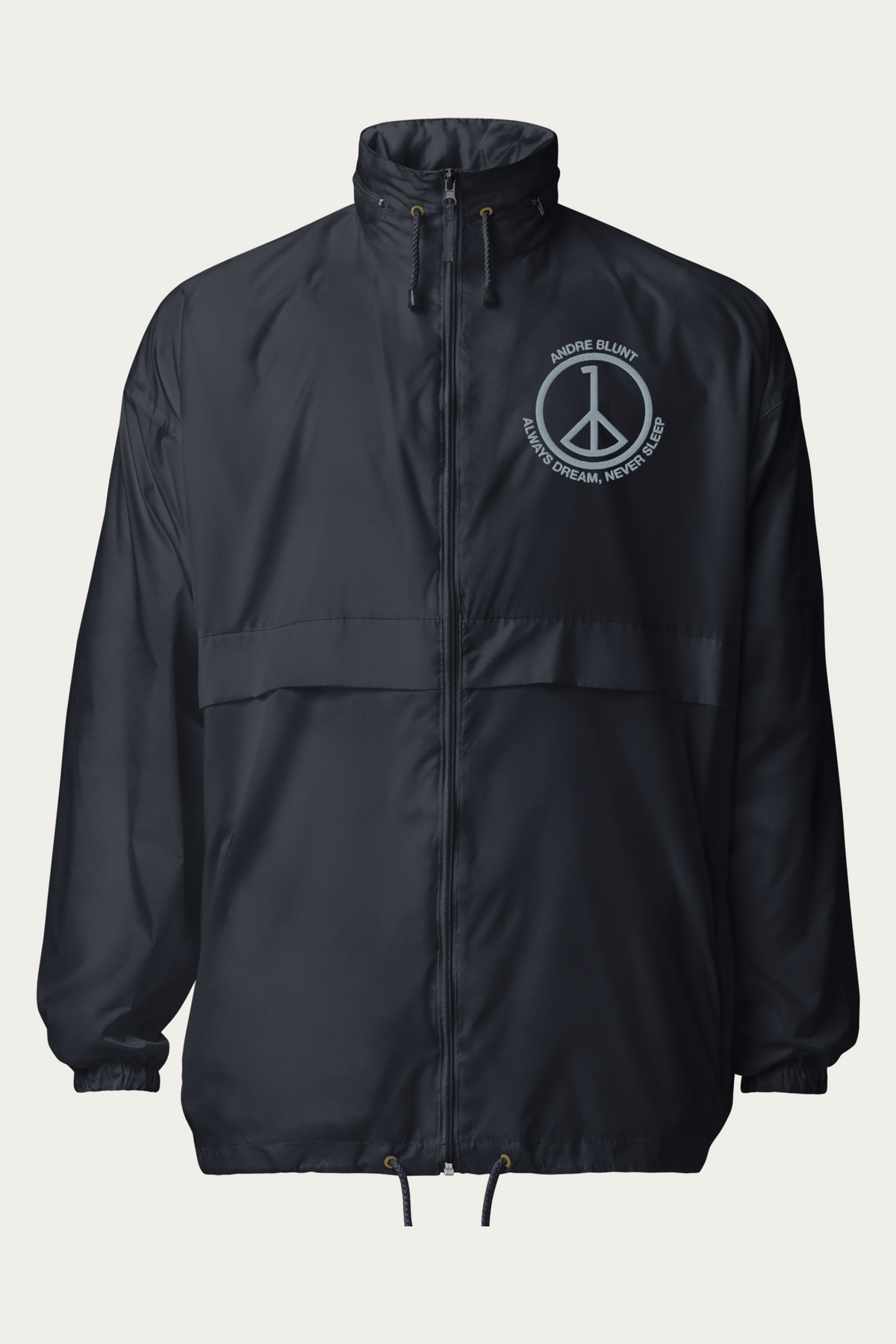 Windbreaker, Navy by Andre Blunt, shown on a Cloud White ground