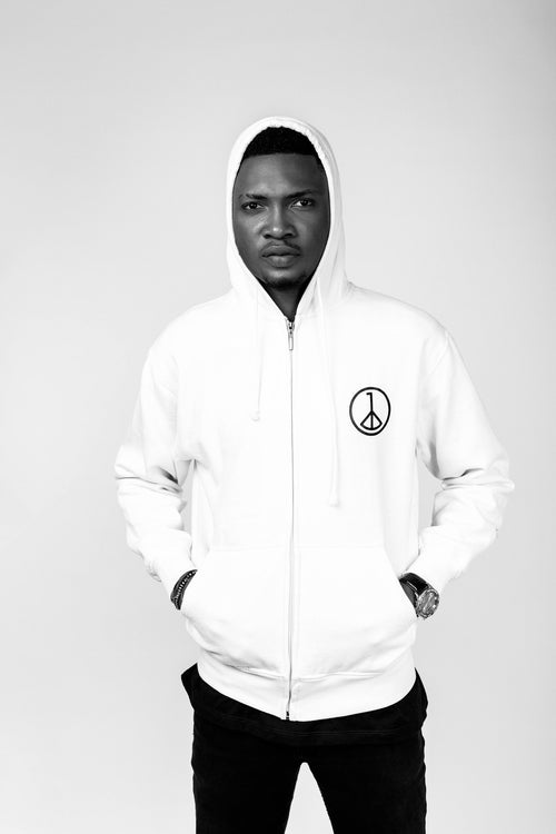 Andre Blunt off-white zip-up hoodie, studio front