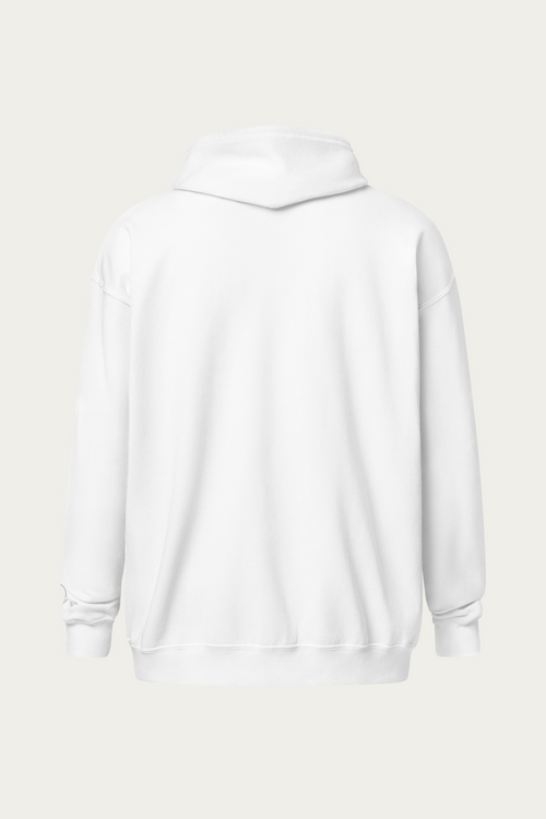 Zip-Up Hoodie, Off-White by Andre Blunt, from the back, on a Cloud White ground